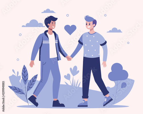 Gay couple concept. Vector illustration of two young men holding hands in trendy flat style. 