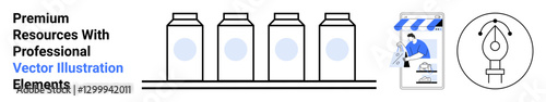 Four minimal bottles on a shelf, an online store showcase with a person working, and a pen tool icon. Ideal for design, packaging, e-commerce, creativity, marketing, branding flat landing page