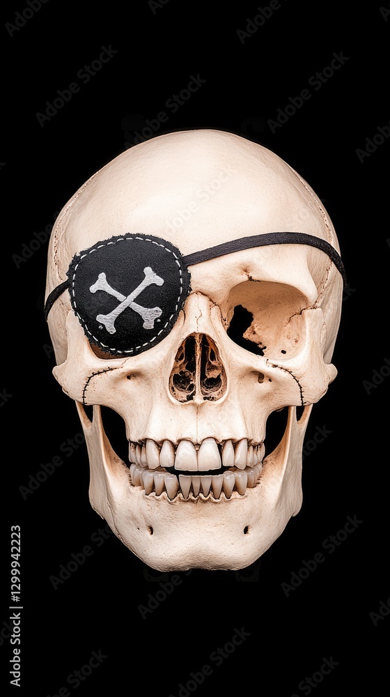 Fototapeta premium Realistic human skull wearing an eye patch with crossbones, isolated on a black background