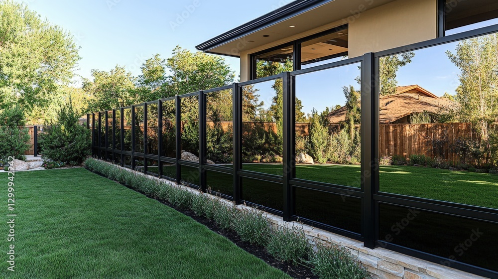 Luxury modern fence with reflective glass panels enhances backyard view Luxury modern fence with reflective glass panels enhances backyard view