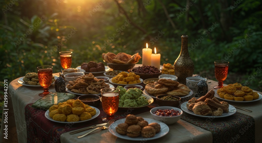 Fototapeta premium Sunset Feast: A Luxurious Outdoor Dinner with Diverse Delicious Treats and Warm Candlelight