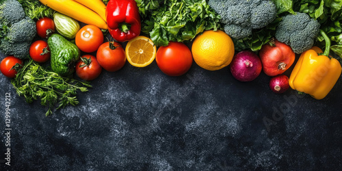 Fototapeta Naklejka Na Ścianę i Meble -  Fresh vegetables and fruits frame dark surface. Healthy eating concept for websites and blogs related to healthy eating, nutrition, recipes, cooking, wellness, lifestyle, and organic food.
