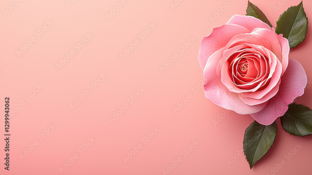 A pink rose on a soft peach background with green leaves. A pink rose on a soft peach background with green leaves.