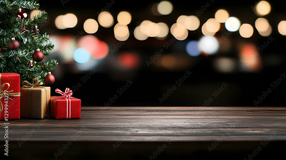 Festive Christmas Decorations with Presents and Illuminated Bokeh Background Festive Christmas Decorations with Presents and Illuminated Bokeh Background
