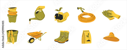 Gardening Element including pots, watering cans, gloves, and seeds. Gardening Tools, Gardening Vector Set. 