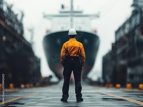 A worker in safety gear stands before a massive ship in a shipyard on a foggy day.