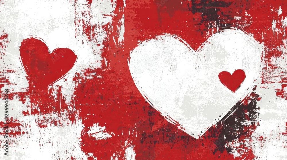 Two hearts on a red and white background symbolizing love and romance in a simple design Two hearts on a red and white background symbolizing love and romance in a simple design