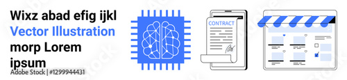 AI chip with interconnected lines, signed contract on clipboard, online storefront with awning, and random text elements. Ideal for technology, business, e-commerce, AI, contracts documents