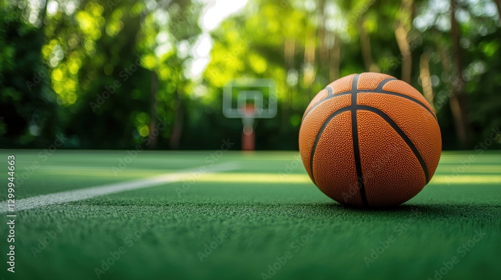 An orange basketball rests on a vibrant green court, with a blurred hoop in the background, surrounded by lush greenery. Perfect for sports themes. An orange basketball rests on a vibrant green court, with a blurred hoop in the background, surrounded by lush greenery. Perfect for sports themes.