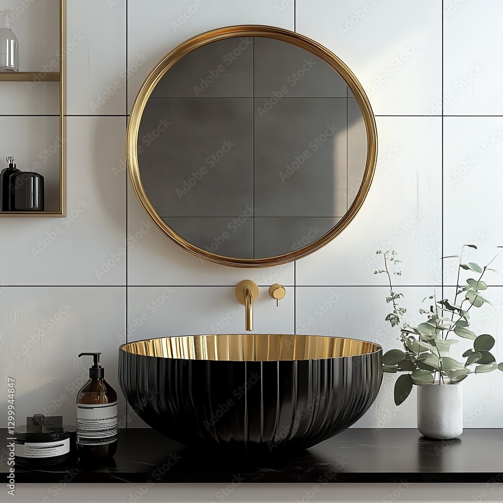 Elegant bathroom with round mirror and stylish sink design. Elegant bathroom with round mirror and stylish sink design.