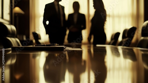 Silhouetted business professionals engage in discussion in a modern conference room, reflecting collaboration and teamwork in a corporate environment.