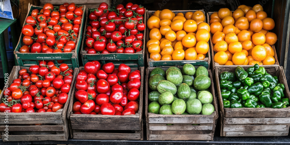 custom made wallpaper toronto digitalColorful produce vegetables and fruits in wooden crates. Tomatoes, avocados, peppers on display for sites and blogs related to food, cooking, healthy eating, organic produce, farmers markets, farming