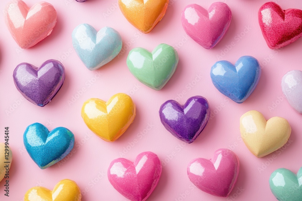 Fototapeta premium Colorful heart shapes on gentle pink background for romantic events and affectionate activities