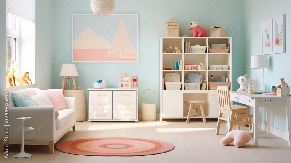 Obraz premium Charming children's room with light blue walls, white furniture, and pastel accents, featuring a cozy atmosphere filled with toys and playful decor.