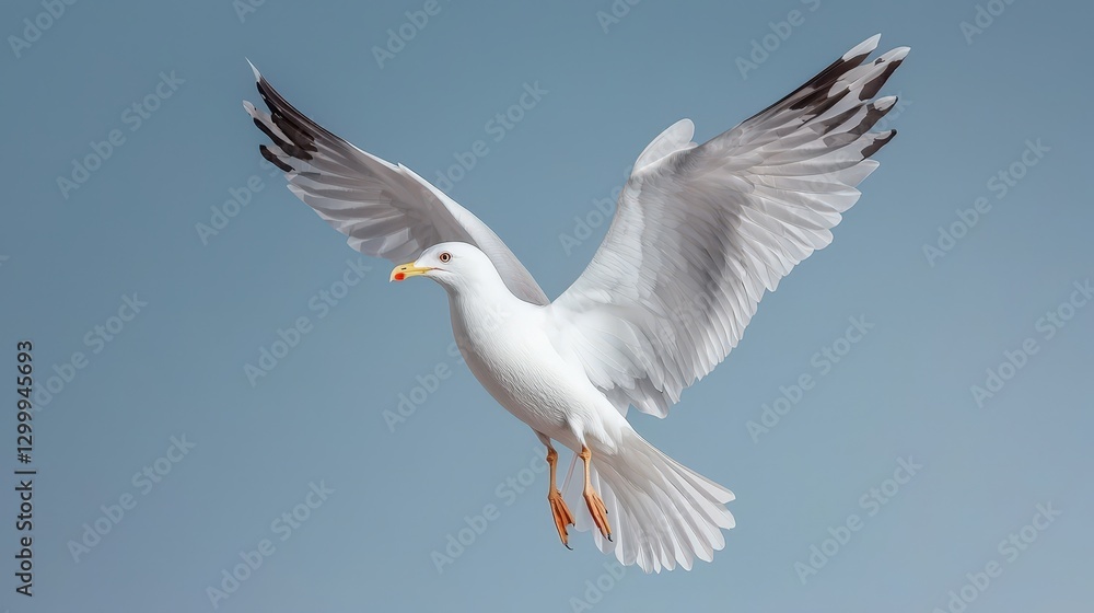 Seagull soars freely, wings spread, against a soft blue sky backdrop Seagull soars freely, wings spread, against a soft blue sky backdrop