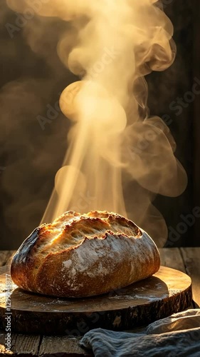 Freshly baked bread steaming on wooden board in warm, cozy kitchen setting during golden hour