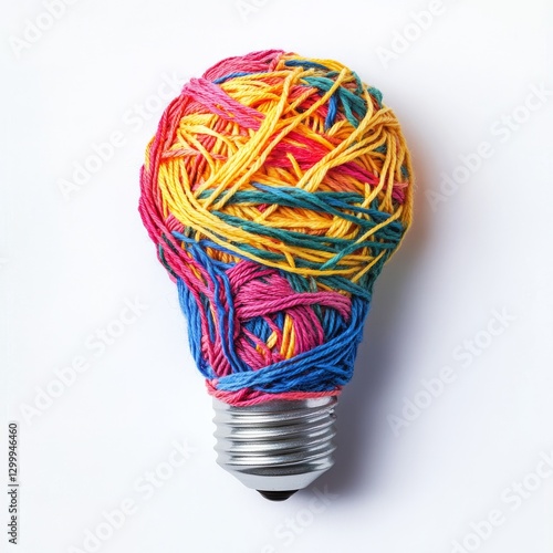 Colorful Yarn Wrapped Light Bulb: A Bright Idea for Creativity and Sustainability Displayed on a White Backdrop.