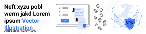 Payment approval on digital invoice, coins, and VPN shield icon around a globe. Ideal for cybersecurity, online payments, billing systems, encryption, blockchain, digital banking global finance