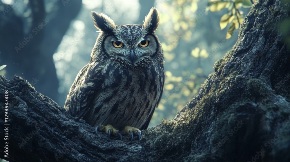 A majestic owl perched on a mossy tree branch, exuding wisdom and mystery in a serene forest setting.