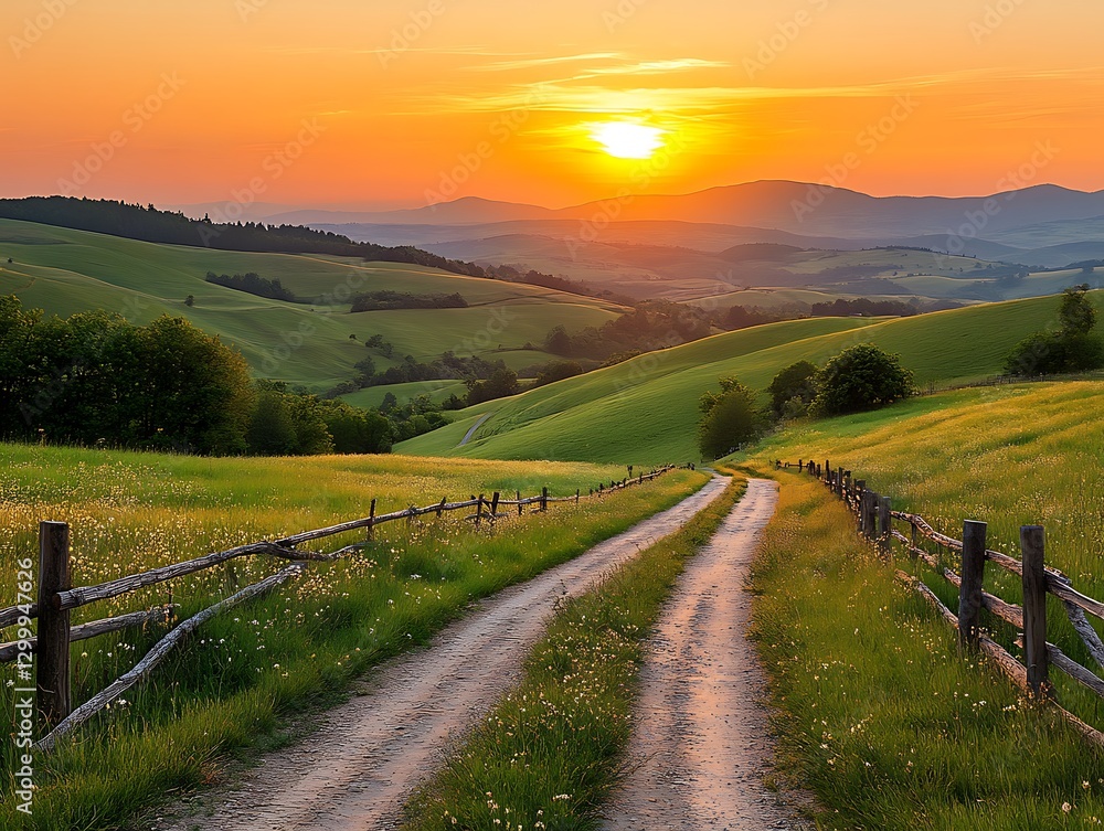 Scenic gravel path running through grassy hills at sunset Scenic gravel path running through grassy hills at sunset