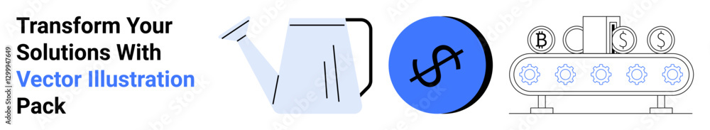 Watering can, dollar icon, gear conveyor with currency symbols emphasize growth, productivity, finance, and innovation. Ideal for startup funding, business growth, optimization saving strategies Watering can, dollar icon, gear conveyor with currency symbols emphasize growth, productivity, finance, and innovation. Ideal for startup funding, business growth, optimization saving strategies