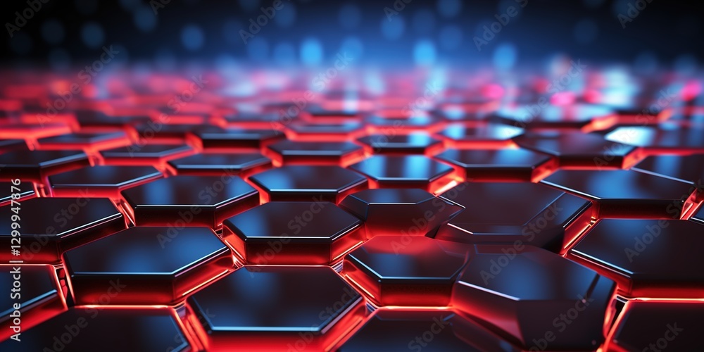 Fototapeta premium Dark Abstract Hexagonal Pattern with Blue Neon Lights, Futuristic Technology Concept