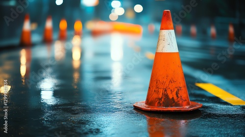 Traffic cone on wet street at night