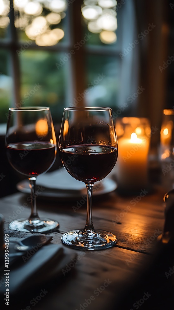 Two wine glasses rest on a wooden table with candles Two wine glasses rest on a wooden table with candles