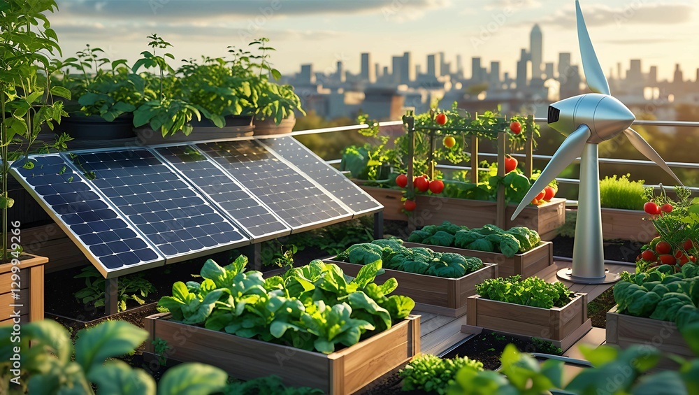 Fototapeta premium This rooftop garden integrates solar and wind energy with urban agriculture, promoting a sustainable and eco-friendly lifestyle in the city.