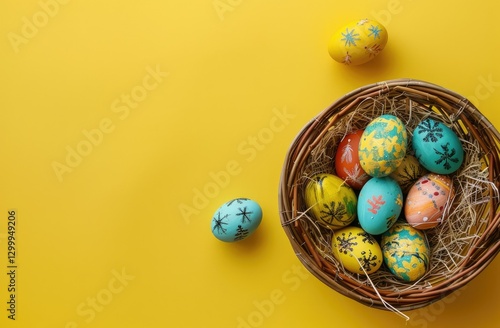Flat lay Easter background with colorful eggs in a woven basket on yellow background.