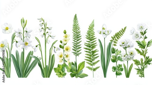 Wallpaper Mural Spring flowers and ferns border, white background, nature illustration, website design Torontodigital.ca
