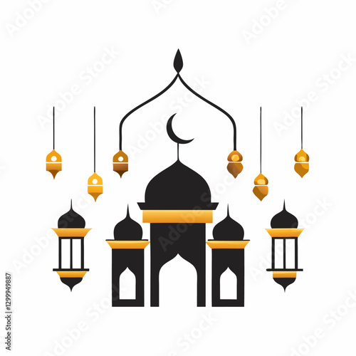 Islamic Eid Mosque Illustration with Hanging Lanterns & Calligraphy.