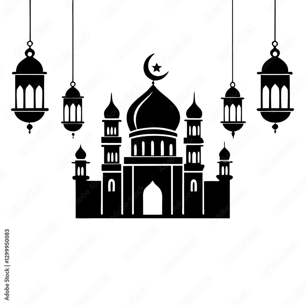Obraz premium Timeless Mosque Illustration with Eid Mubarak Arabic Calligraphy.