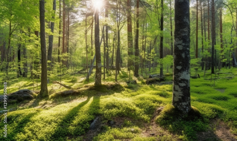 Obraz premium Sunlit forest, moss carpet, spring morning, tranquil scene, nature backdrop