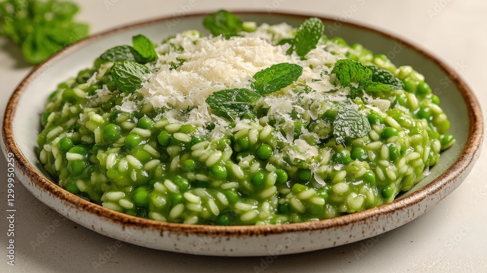 Fresh pea and mint risotto served with shaved Parmesan on a white plate Fresh pea and mint risotto served with shaved Parmesan on a white plate