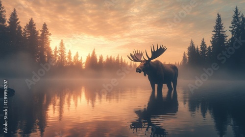A majestic moose stands in a serene lake at sunrise, surrounded by misty trees, capturing the beauty of nature.