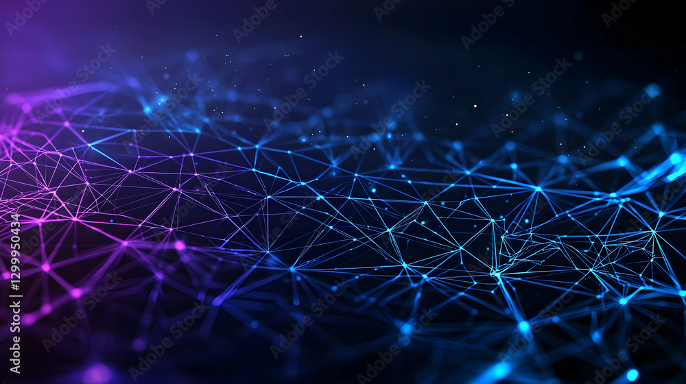 Abstract digital network connection with blue and purple glowing lines and dots in dark space