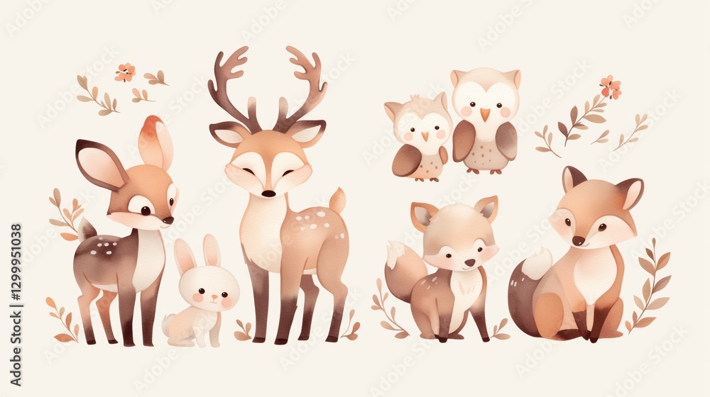 Obraz premium Nature's adorable forest animals cute digital wildlife illustration
