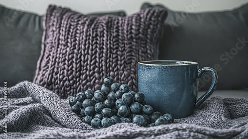 Wallpaper Mural Blueberries and a Blue Mug on a Cozy Knitted Blanket Torontodigital.ca