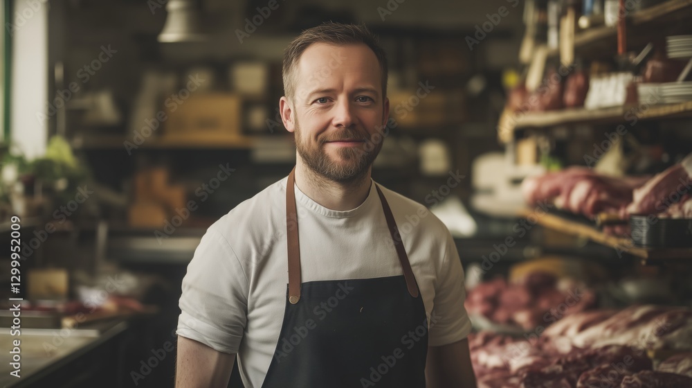 Fototapeta premium Butcher preparing fresh meat for sale local market lifestyle indoor