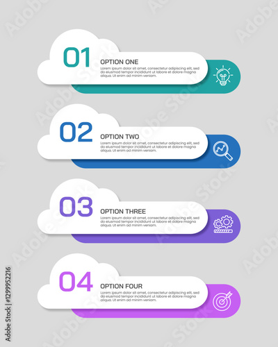 4 Options cloud style vertical infographic with simple numbers. Presentation, Data, Report and Plan. Vector illustration.