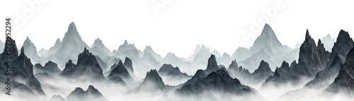 Majestic mountain range with mist covered peaks on white background, Chinese style
