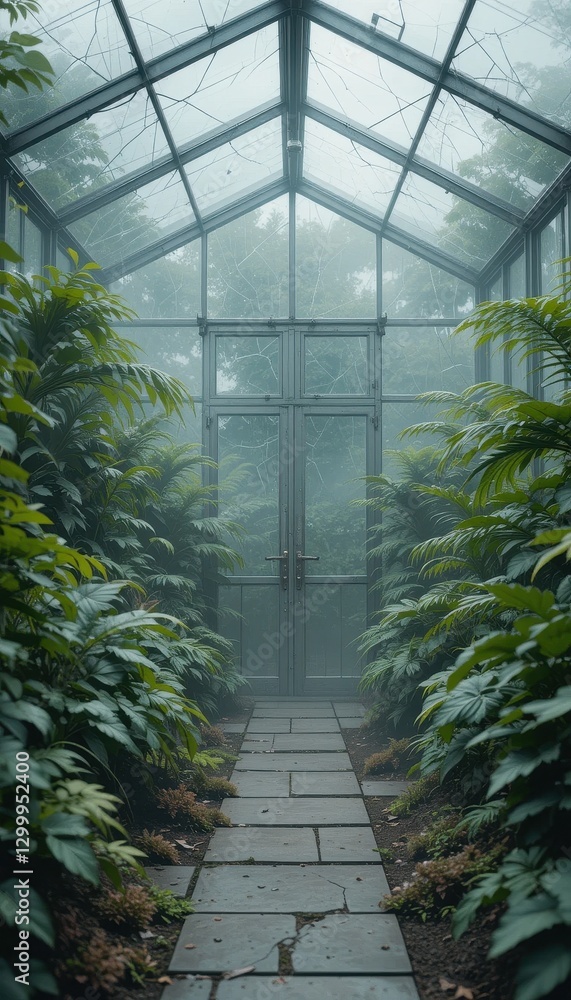 Serene Greenhouse Pathway Lush Greenery Stone Walkway Glass Roof Misty Atmosphere Tranquil Garden Serene Greenhouse Pathway Lush Greenery Stone Walkway Glass Roof Misty Atmosphere Tranquil Garden