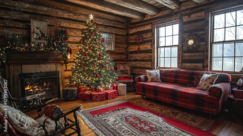Wallpaper Mural A traditional red-and-green tree in a log cabin. Torontodigital.ca