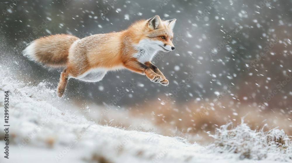 Obraz premium Red fox jumping in the snowy forest during snowfall