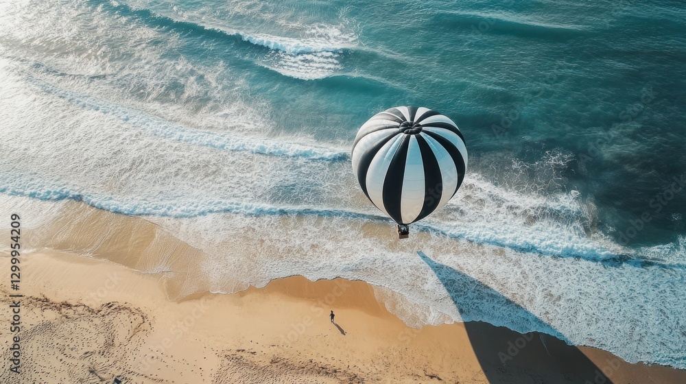 Obraz premium Hot air balloon flight over beach, ocean waves, aerial view, travel
