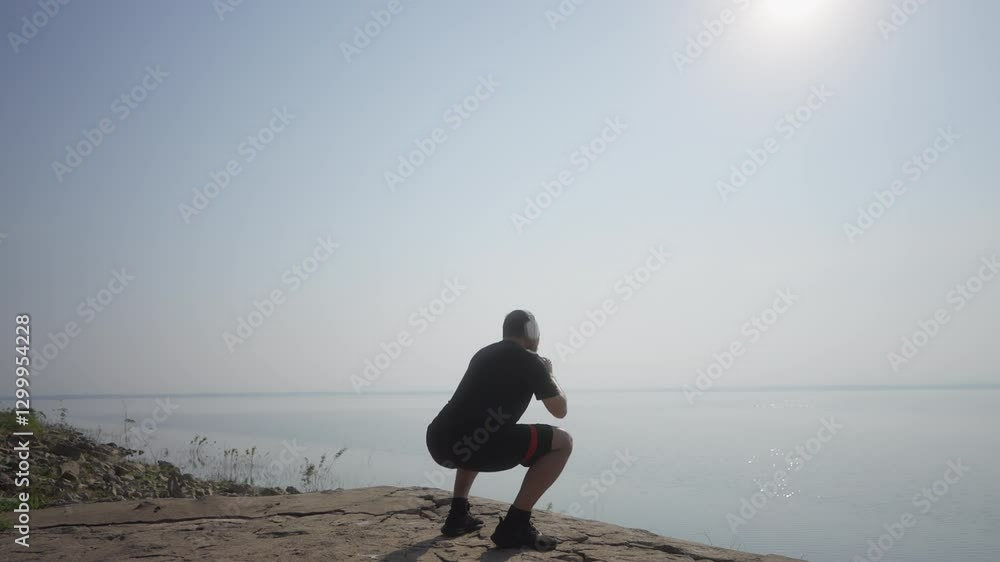 An Asian man performs a resistance band squat by a serene lakeside in the morning. Exercising outdoors with a resistance band adds intensity to his lower body strength training. An Asian man performs a resistance band squat by a serene lakeside in the morning. Exercising outdoors with a resistance band adds intensity to his lower body strength training.