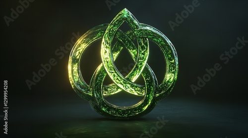 A centered, 3D rendered image of a glowing green Celtic knot symbol against a dark, gradient background. photo