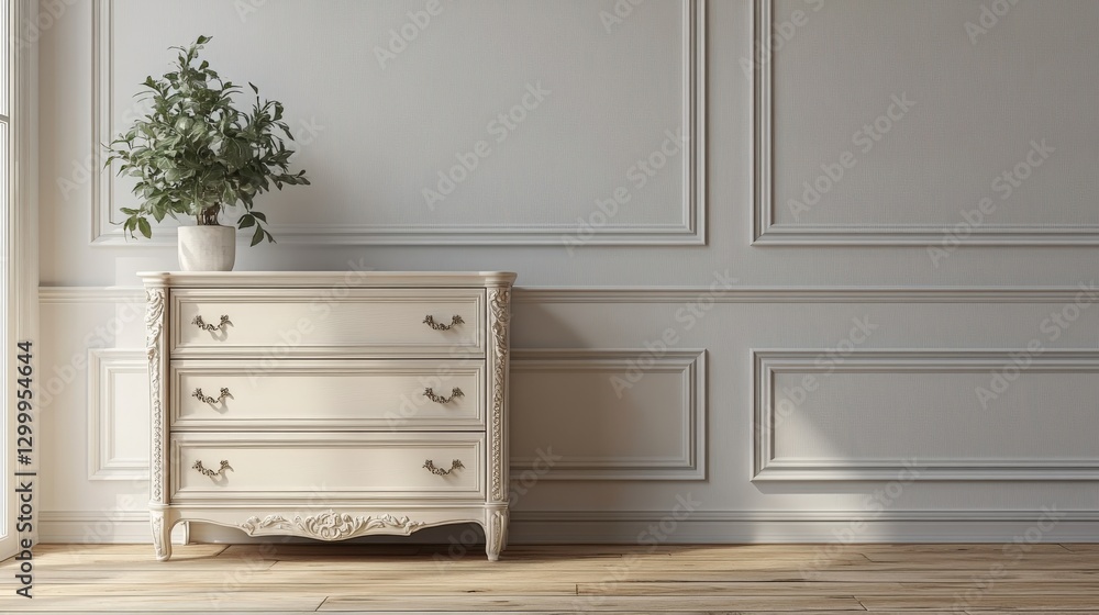 Fototapeta premium Stylish chest of drawers in a spacious Hollywood glam interior with natural light