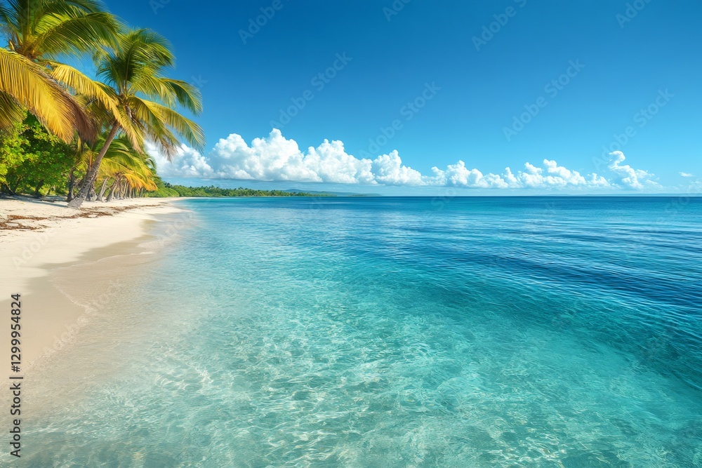 Fototapeta premium Tropical beach with coconut palm trees and turquoise water inviting to swim
